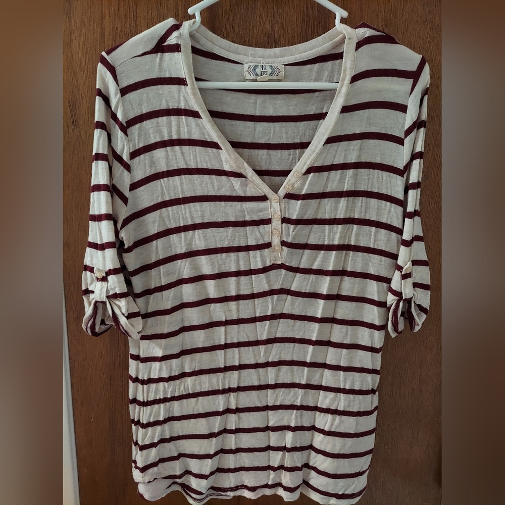 Pink Rose half sleeve shirt with sleeve buttons. Cream and maroon stripes.